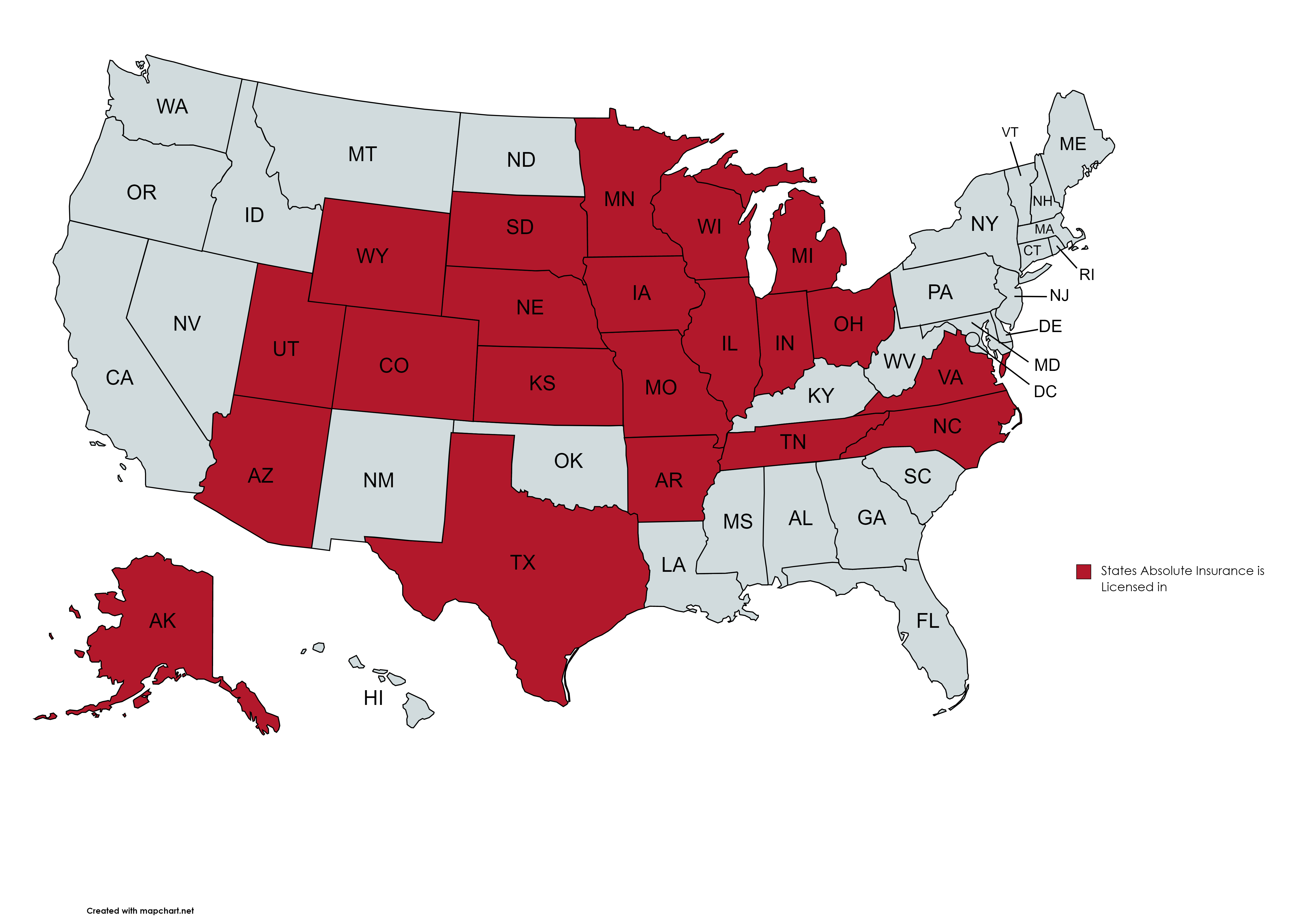 Map showing 22 states Absolute Insurance is licensed in