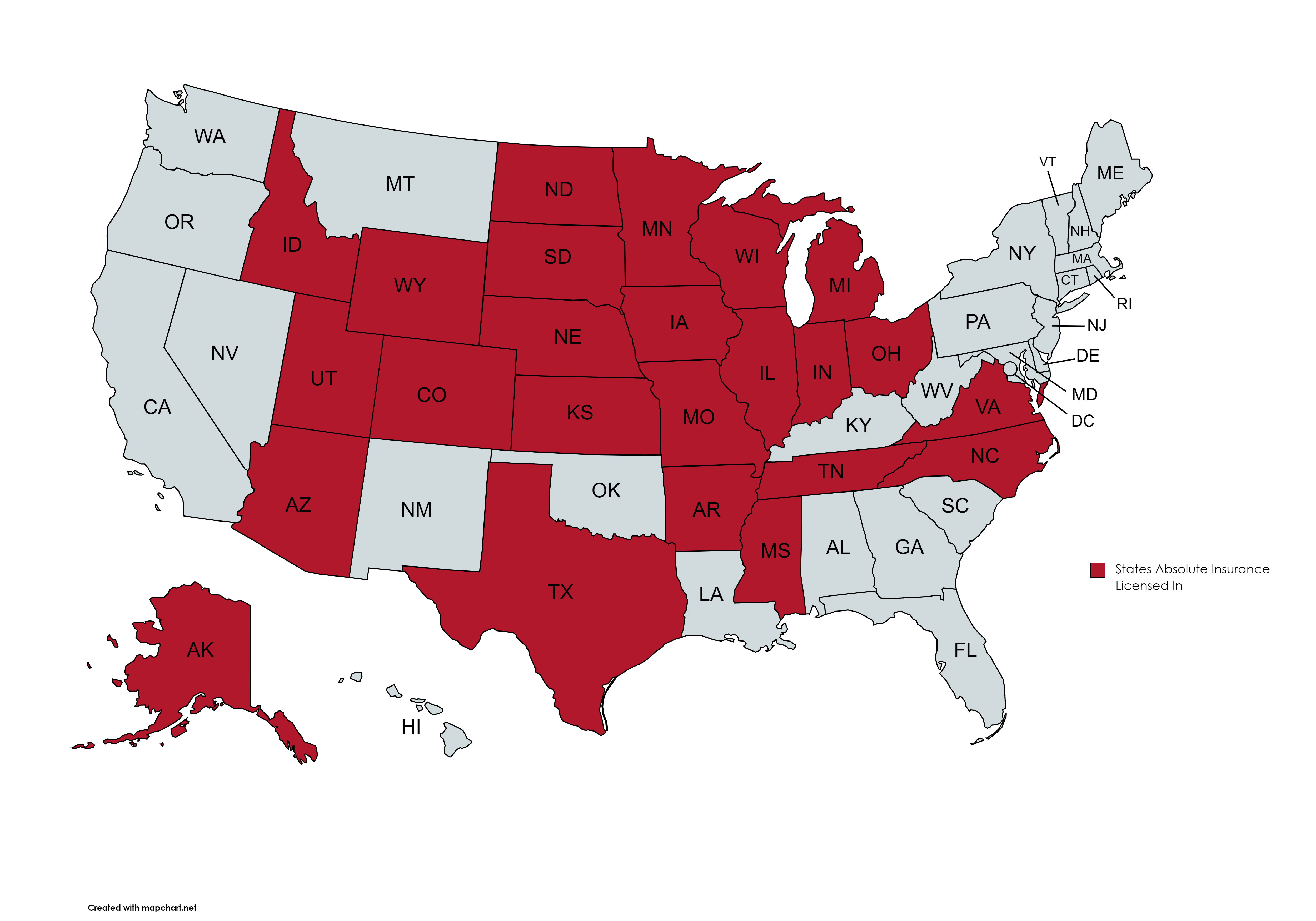 Map showing 24 states Absolute Insurance is licensed in